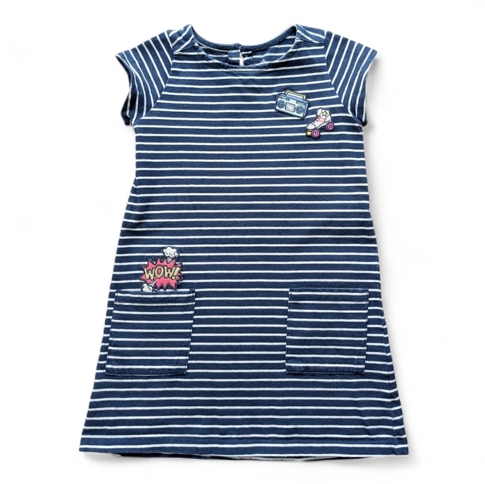 Carter's Girls Casual Cotton Striped Blue Kids Dress with Fun Patches SZ 6